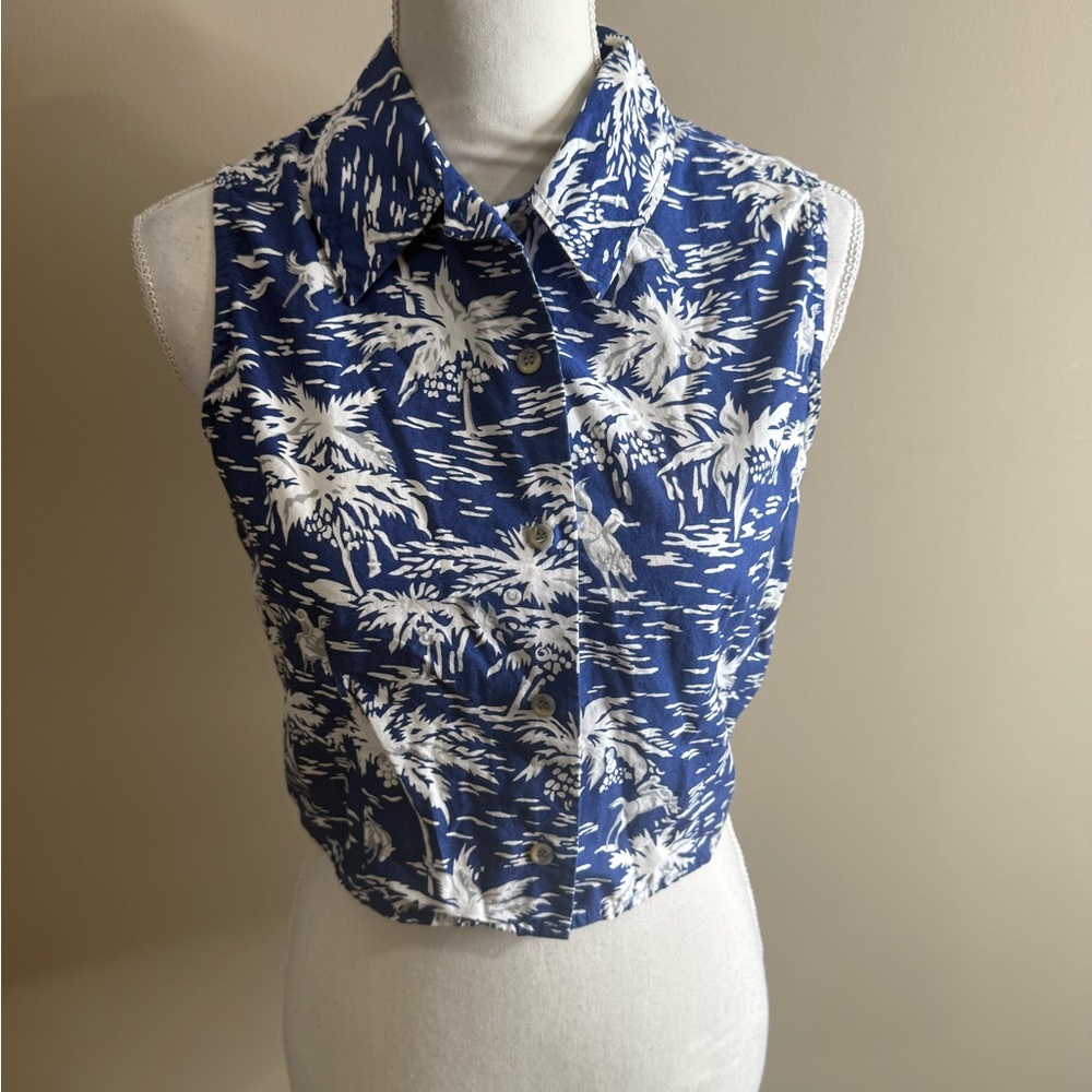 Vintage roper Blue and White Sleeveless Button-Up Top